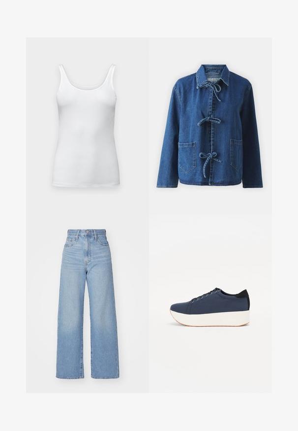 Denim jacket in dark blue with a relaxed fit, featuring a spread collar, tie closures, and two front patch pockets.; White cotton tank top with thin straps, fitted design, smooth texture, and no visible patterns or embellishments.; Light blue high-waist wide-leg jeans with front button and zip closure, front and back pockets, on a white background.; Navy blue sneaker with a textured fabric upper, white platform sole, rounded toe, and black heel accent. Features six eyelets for laces.
