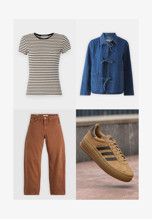 Tumši zila džinsu jaka ar brīvu siluetu, kurai ir izplesta apkakle, saites aizdare un divas priekšējās kabatas.; Melnas un krēmkrāsas svītrota īsām piedurknēm T-kreklus ar apaļu kakla izgriezumu, izgatavots no mīkstas auduma. Taisns griezums ar kārtīgu apdari. Redzams AWARE zīmols.; Rūsu brūnas taisnas kājas džinsi ar priekšējām un aizmugurējām kabatām, metāla kniedēm, pogu aizdari un jostas cilpām, izlikti uz balta fona.; Gaišbrūnas zamša apavi ar gludu virsmu, kas rotāti ar trim tumšām svītrām, ar noapaļotu purngalu un biezāku zoli, kurai ir rakstains malas dizains.