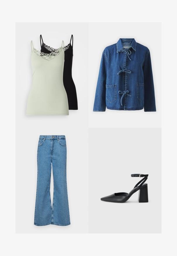 Jeansjakke i mørkeblå med en avslappet passform, som har skjortekrave, knytinger og to frontlommer.; ONLY ONLKIRA LIFE SINGLET 2 PACK - Topper - desert sage/black; Lyseblå vide jeans laget av denim, med høyt liv, fem lommer og en enkelt knappelukking. Myk tekstur med falmet finish.; Svart lær pumps med spiss tå, ankelrem og kraftig hæl. Flat tekstur, strømlinjeformet design og minimalisme.