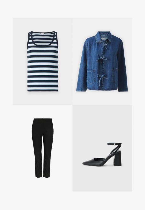 Giacca di jeans blu scuro con vestibilità rilassata, dotata di colletto a rever, chiusure a lacci e due tasche applicate frontali.; Canotta a righe blu navale e azzurro. Presenta una texture a coste, scollo rotondo e spalline larghe.; Pantaloni neri slim-fit realizzati in un tessuto tessuto liscio. Presentano una vita standard e nessuna tasca visibile. Aspetto pulito e sartoriale.; Pump in pelle nera con punta affusolata, cinturino alla caviglia e tacco spesso. Texture piatta, design elegante ed estetica minimalista.