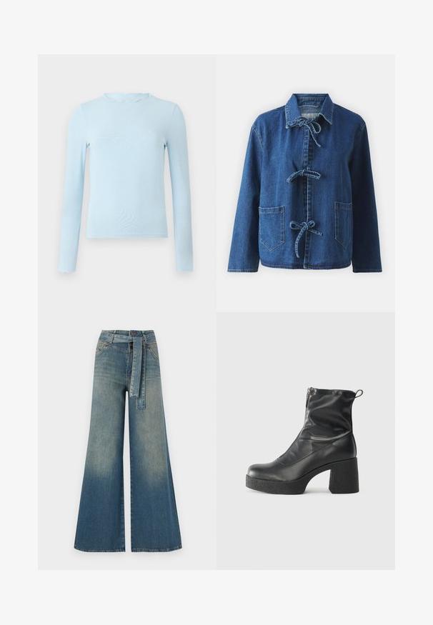 Τζάκετ από τζιν σε σκούρο μπλε χρώμα με χαλαρή γραμμή, διαθέτει γιακά ανοιχτού τύπου, κλείσιμο με κορδόνια και δύο εμπρός πατσαριζόμενες τσέπες.; Απαλό μπλε μακρυμάνικο μπλουζάκι φτιαγμένο από ένα λείο ύφασμα, με κωνοειδή λαιμόκοψη και εφαρμοστό σχέδιο, με ευθύ στρίφωμα και χωρίς σχέδια.; Πολυάριθμα τζιν παντελόνια με φαρδύ πόδι που διαθέτουν ένα ελαφρύ έως σκούρο μπλε gradient, ψηλή μέση, θηλιές ζώνης και μια ταιριαστή ζώνη από το ίδιο ύφασμα. Υφή τζιν.; Μαύρες μποτές μέχρι τον αστράγαλο από λείο δέρμα, με πλευρικό φερμουάρ, χοντρό υφασμάτινο τακούνι και στρογγυλή μύτη.