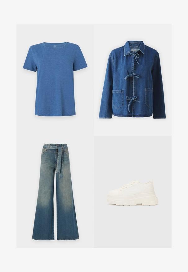 Jeans srajca v temno modri barvi z udobnim krojem, ki ima razprt ovratnik, zavezovanje in dve sprednji žepe.; Modra kratka majica s kratkimi rokavi iz mehke tkanine z zaobljenim izrezom in sproščenim krojem. Ima diskretno teksturo po celotni tkanini.; Široke jeans hlače z gradientom od svetlo do temno modre, visokim pasom, zankami za pas in pasom iz istega materiala. Tekstura denim končnica.; Bela platnena teniska z debelim podplatom, okroglo konico in petimi luknjicami za vezalke. Zadaj je dodana zanka za enostavno obuvanje. Gladka tekstura, minimalistična zasnova.