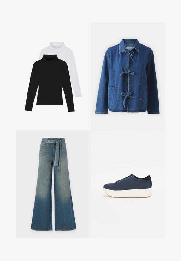 Tamsiai mėlyna džinsinė striukė su laisvu siluetu, turinti plačią apykaklę, užsegimą su raišteliais ir dvi priekinės kišenes.; Juodai balti ilgomis rankovėmis megztiniai su aukšta apykakle, sukrauti vienas ant kito, pagaminti iš raukšlėtos medžiagos, su prigludusiomis formomis.; Platus džinsinis kelnes su šviesiai tamsiai mėlynu gradientu, aukštu juosmeniu, diržo kilpomis ir atitinkančiu audinio diržu. Textūruotas džinsinis paviršius.; Tamsiai mėlynas sportinis batelis su tekstūruotu audiniu viršuje, baltu platformos padu, apvaliu pirštu ir juodu kulno akcentu.š. Yra šešios skylės raišteliams.