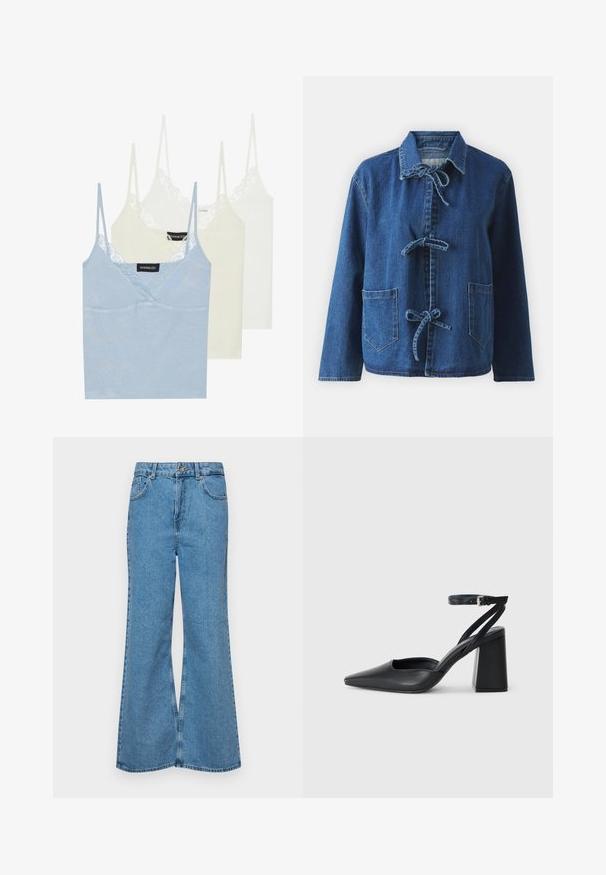 Chaqueta de denim en azul oscuro con un corte relajado, que presenta un cuello extendido, cierres de lazo y dos bolsillos frontales tipo parche.; Tres camisetas sin mangas: azul claro, crema y blanca. Hechas de una tela suave con encaje en el escote y finas tirantes ajustables.; Jeans acampanados de color azul claro hechos de denim, con una cintura alta, cinco bolsillos y un cierre de botón. Textura suave con acabado desgastado.; Zapato de tacón puntiagudo de cuero negro con tira en el tobillo y tacón ancho. Textura plana, diseño elegante y estética minimalista.