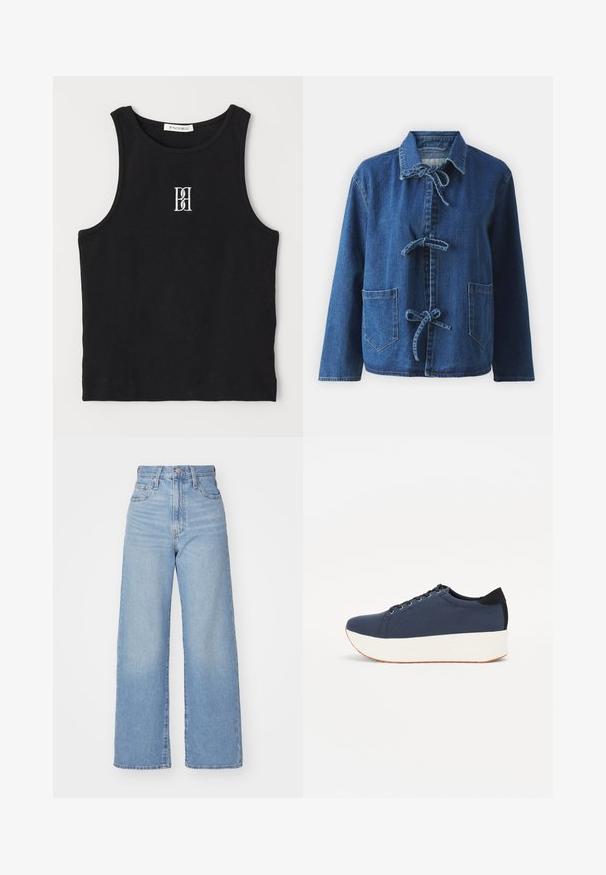 Tumši zila džinsu jaka ar brīvu siluetu, kurai ir izplesta apkakle, saites aizdare un divas priekšējās kabatas.; Melna ribota tanka ikdienas krekla augšdaļa ar apaļu izgriezumu un balto izšūto logo. Audumam ir gluda tekstūra un pieguļoša forma.; Gaiši zili augstās jostas vidukļa platās bikses ar priekšējo pogu un rāvējslēdzēju, priekšējām un aizmugurējām kabatām uz baltā fona.; Navy zilo apavi ar strukturētu auduma augšdaļu, baltu platformas zoli, noapaļotu pirkstu daļu un melnu papēža akcentu. Iekļautas sešas acs caurumi šnuķēšanai.