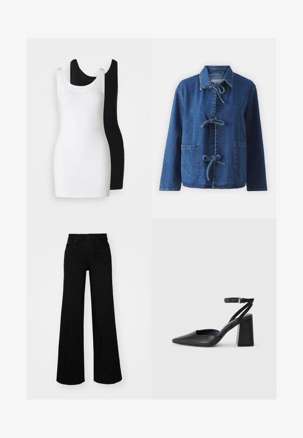 Dunjakke i mørkeblå med en afslappet pasform, der har en spredt krave, båndlukninger og to frontlomme.; To slevet tanktoppe: én hvid og én sort, lavet af blødt, strækbart stof med en rund halsudskæring og tætsiddende design.; Sorte bukser med bred benvidde lavet af denim, med en struktureret talje, bæltesløjfer og forlommer. Glat tekstur med et klassisk design.; Sort læder spidse pumps med ankelrem og en chunky hæl. Flad tekstur, slankt design og minimalistisk æstetik.