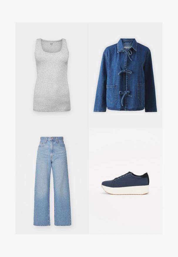 Denim jacket in dark blue with a relaxed fit, featuring a spread collar, tie closures, and two front patch pockets.; Gray cotton tank top with a scoop neckline, fitted design, and smooth texture. Features no visible patterns or accents.; Light blue high-waist wide-leg jeans with front button and zip closure, front and back pockets, on a white background.; Navy blue sneaker with a textured fabric upper, white platform sole, rounded toe, and black heel accent. Features six eyelets for laces.