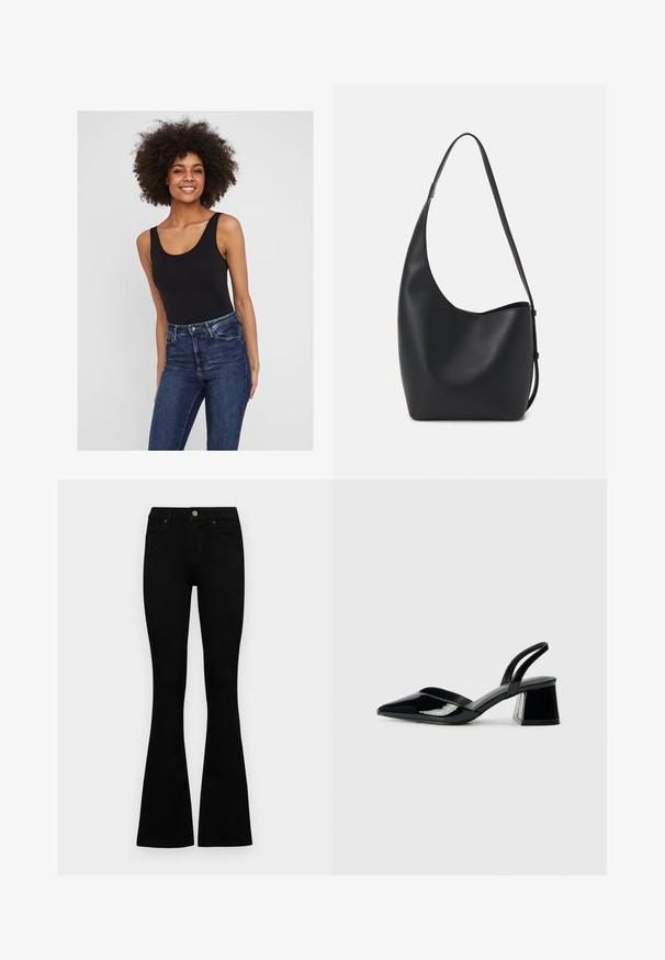 Denim jacket in dark blue with a relaxed fit, featuring a spread collar, tie closures, and two front patch pockets.; Black sleeveless bodysuit with a rounded neckline, paired with dark blue denim jeans. Smooth fabric with a fitted design and minimal detail.; Black high-waist jeans with a button and zip closure, front pockets, and flared legs laid flat on a white background.; Black patent leather slingback heels with a pointed toe and a geometric block heel. Features a sleek, minimal design and smooth texture.; Black leather hobo bag with a smooth texture, curved shape, and single adjustable strap; features a wide opening at the top.