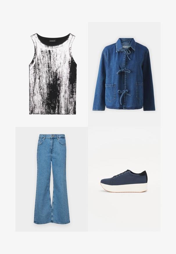 Tamsiai mėlyna džinsinė striukė su laisvu siluetu, turinti plačią apykaklę, užsegimą su raišteliais ir dvi priekinės kišenes.; Juoda ir balta tampri audiniu pagaminta maikutė be rankovių, turinti dryžuotą raštą su blizgiais akcentais, apvalia iškirpte.; Šviesiai mėlynos flared džinsai, pagaminti iš džinsinio audinio, su aukštu liemeniu, penkiomis kišenėmis ir vienu mygtuko užsegimu. Minkštas paviršius su išblukusiu efektu.; Tamsiai mėlynas sportinis batelis su tekstūruotu audiniu viršuje, baltu platformos padu, apvaliu pirštu ir juodu kulno akcentu.š. Yra šešios skylės raišteliams.