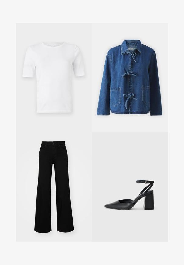 Jeansowa kurtka w ciemnoniebieskim kolorze o luźnym kroju, z kołnierzem rozpostartym, zapięciem na sznurki oraz dwiema przednimi kieszeniami naszytymi.; Biała bawełniana koszulka z okrągłym dekoltem i krótkimi rękawami. Gładka faktura, klasyczny krój. Brak widocznych wzorów lub akcentów.; Czarne szerokie spodnie dżinsowe z usztywnionym pasem, szlufkami na pasek i kieszeniami z przodu. Gładka faktura o klasycznym fasonie.; Czarne skórzane czółenka z ostrym noskiem, z paskiem na kostce i grubym obcasem. Gładka faktura, elegancki design i minimalistyczna estetyka.