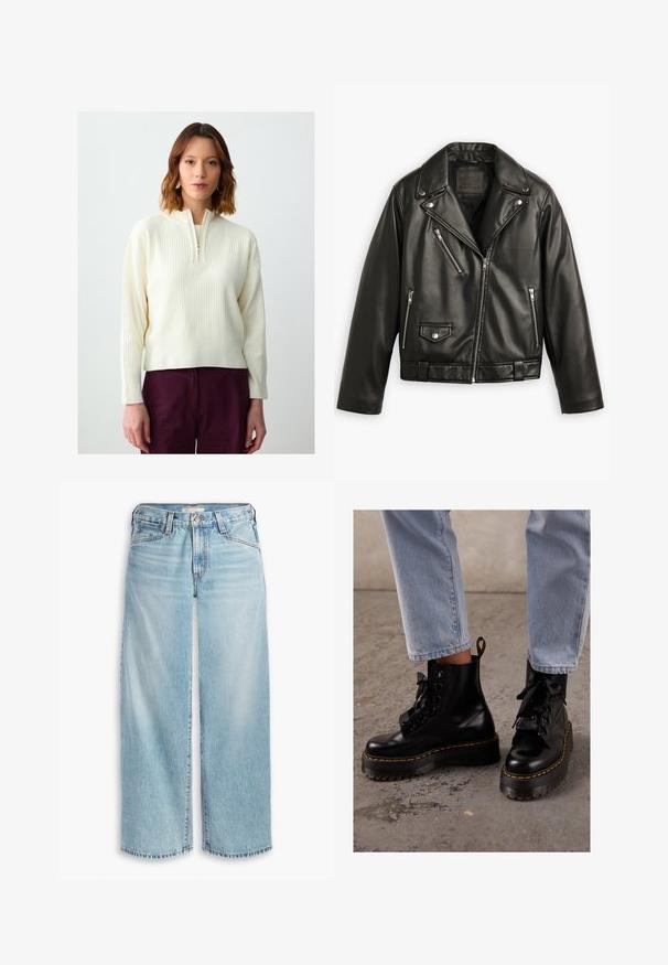 Schwarze Leder-Motorradjacke mit cropped Design, breiten Revers, mehreren Reißverschlusstaschen und einem subtilen Glanz. Mit einem Gürtel in der Taille.; Cremfarbener gerippter Pullover mit einem Viertelreißverschluss vorne, langen Ärmeln und einer lockeren Passform. Kombiniert mit tiefburgunderfarbenen Hosen.; Weißes Baumwoll-T-Shirt mit kurzen Ärmeln, rundem Ausschnitt, lockerer Passform und ohne sichtbare Muster oder Grafiken. Glatte Textur und einfaches Design.; Hellblaue, weit geschnittene Jeans aus Denim mit hoher Taille, Knopfverschluss und ausgefranstem Saum. Sichtbare Nähte und Taschen.; Schwarze Leder-Stiefeletten mit einer dicken Sohle, runder Zehenform, Bändern zum Schnüren, gelben Nähten und einer Schlaufe an der Rückseite.