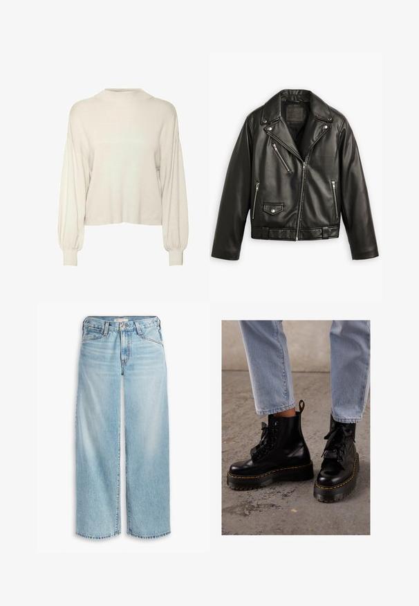 Zwarte leren motorjack met een cropped ontwerp, brede revers, meerdere ritszakken en een subtiele glans. Voorzien van een riem op de taille.; Off-white, cropped trui met ribbelstructuur, lange pofmouwen en een hoge halslijn. Zachte stof met een relaxte pasvorm.; Lichtblauwe wijde jeans van denim, met een hoge taille, knoopsluiting en een rafelige zoom. Zichtbare stiksels en zakken.; Zwarte leren enkellaarsjes met een chunky zool, ronde neus, lintveters, gele stiksels en een treklipje aan de achterkant.