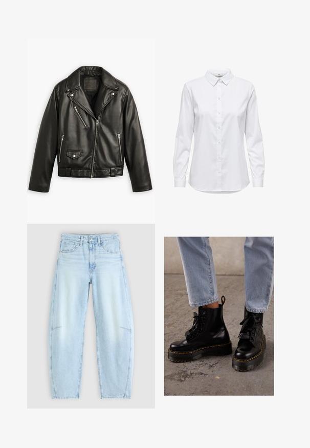 Chaqueta de motocicleta de cuero negro con un diseño recortado, solapas anchas, múltiples bolsillos con cremallera y un ligero brillo. Presenta un cinturón en la cintura.; Camisa blanca de botones con mangas largas, cuello estructurado y dobladillo redondeado. Hecha de una tela lisa y sólida sin patrones ni acentos visibles.; Jeans de mezclilla azul claro con un ajuste relajado, que presentan una cintura alta, diseño de cinco bolsillos y un ligero desvanecimiento con detalles de dobladillo deshilachado.; Botas de cuero negro hasta el tobillo con suela gruesa, puntera redonda, cintas de raso, costuras amarillas y una tira en la parte trasera.