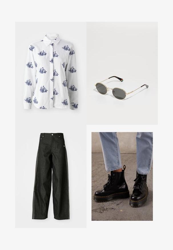 Black leather motorcycle jacket with a cropped design, wide lapels, multiple zip pockets, and a subtle sheen. Features a belt at the waist.; White linen shirt featuring a blue floral print, button-up front, and a classic collar with long sleeves and cuffed wrists.; White cotton t-shirt with short sleeves, round neckline, relaxed fit, and no visible patterns or graphics. Smooth texture and simple design.; Black denim wide-leg pants with white side stripes, featuring front pockets, a button-up fly, and a subtle logo near the waistband.; Black leather ankle boots with a chunky sole, round toe, ribbon laces, yellow stitching, and a pull tab at the back.; Gold-framed oval sunglasses with dark lenses. Thin metal arms accented with a rainbow detail on the left temple. Smooth, glossy finish.