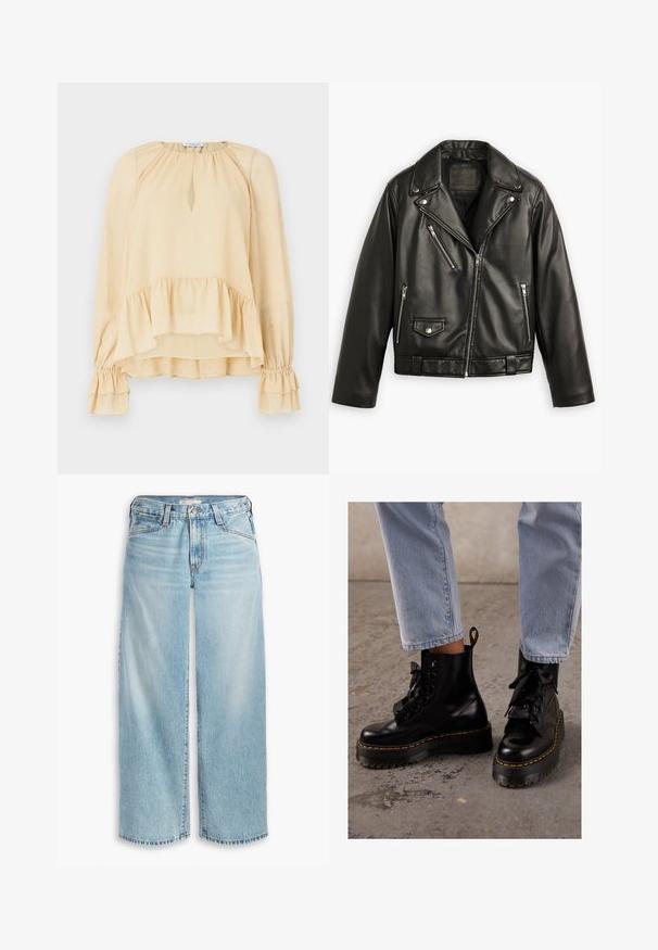 Fekete bőr motoros dzseki rövidített fazonnal, széles hajtókákkal, több cipzáras zsebbel és finom fényességgel. Derékon övvel rendelkezik.; Hosszú ujjú bézs blúz finom csillogással, kulcslyuk kivágással, fodros aljjal és redőzött fodros mandzsettákkal, egyszínű háttérrel.; Fehér pamut póló rövid ujjal, kerek nyakkivágással, laza fazonnal, és nincsenek rajta látható minták vagy grafikák. Sima textúra és egyszerű dizájn.; Világoskék, bő szárú farmernadrág, magas derekú, gombos zipzárral és foszlott szegéllyel. Látható varrásokkal és zsebekkel.; Fekete bőr bokacsizmák vastag talppal, kerek orral, masnis fűzős megoldással, sárga varrással és egy húzófüllel a hátsó részen.