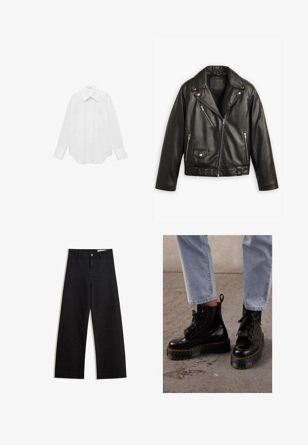 Czarna skórzana kurtka motocyklowa o skróconym kroju, szerokimi klapami, kilkoma zamykanymi kieszeniami oraz subtelnym połyskiem. Posiada pasek w talii.; Biała koszula z długim rękawem wykonana z gładkiego materiału, z wyłogowym kołnierzykiem, jedną kieszenią na piersi i zaokrąglonym dołem dla luźnego fasonu.; Czarne dżinsowe spodnie o szerokich nogawkach i wysokim stanie, z przednimi i tylnymi kieszeniami, przeszyciami oraz zapięciem na guziki. Gładka struktura.; Czarne skórzane botki za kostkę z masywną podeszwą, okrągłym noskiem, wstążkowymi sznurówkami, żółtymi stębnowaniami i pętelką z tyłu.