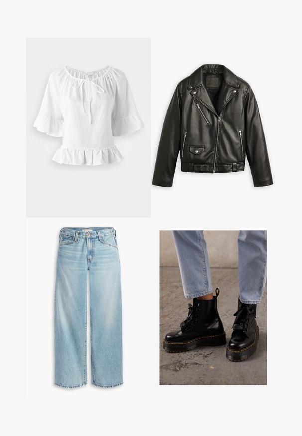 Veste de moto en cuir noir avec un design court, des revers larges, plusieurs poches zippées et un léger brillant. Elle possède une ceinture à la taille.; Blouse blanche à manches courtes avec un ourlet à volants et un col élastique, avec un détail à nouer à l'avant. Fabriquée en tissu léger.; T-shirt en coton blanc avec des manches courtes, un col rond, une coupe décontractée, et sans motifs ni graphiques visibles. Texture lisse et design simple.; Jean large bleu clair en denim, avec une taille haute, une fermeture à boutons et un ourlet effilé. Coutures visibles et poches.; Bottes de cheville en cuir noir avec une semelle épaisse, bout rond, lacets en ruban, couture jaune et une tirette à l'arrière.