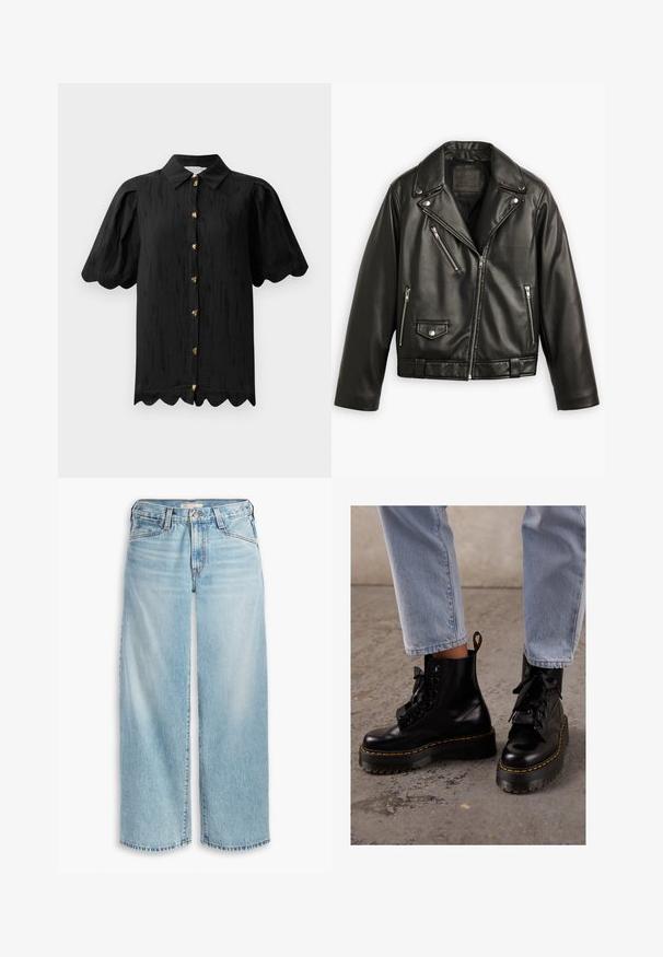 Giubbotto da moto in pelle nera con design corto, ampi revers, numerose tasche con zip e una leggera lucentezza. Dotato di una cintura in vita.; Hofmann Copenhagen MARABELLE - Camicia - black; Jeans ampi di colore blu chiaro realizzati in denim, con vita alta, chiusura a bottoni e orlo sfilacciato. Cuciture e tasche visibili.; Stivali neri in pelle alla caviglia con suola spessa, punta rotonda, lacci a nastro, cuciture gialle e inserto per il tallone sul retro.
