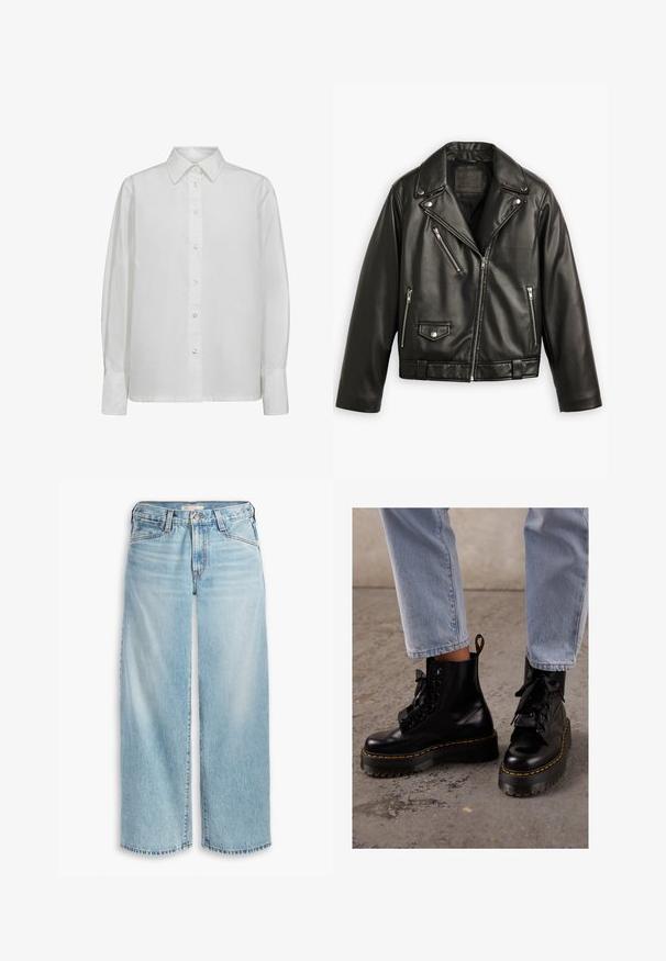 Jachetă de motocicletă din piele neagră, cu un design scurtat, reveruri late, multiple buzunare cu fermoar și un luciu subtil. Dispune de o curea la talie.; Cămașă albă cu mânecă lungă, confecționată din bumbac neted. Are un guler clasic, un închidere cu nasturi la față cu nasturi perle, și manșete ajustate.; Jeans de culoare bleu deschis, cu picioare largi, realizate din denim, având talie înaltă, închidere cu nasturi și tiv desprins. Cusături vizibile și buzunare.; Botine negre din piele, cu talpa groasă, vârf rotund, șireturi din panglică, cusături galbene și o bucată textilă la spate pentru a le trasa.