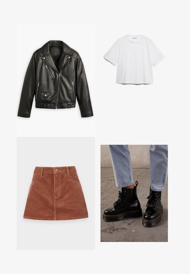 Musta nahkainen moottoripyörätakki lyhytleikkauksella, leveillä kauluksilla, useilla vetoketjullisilla taskuilla ja hienovaraisella kiillolla. Vyötäröllä on vyö.; Valkoinen puuvillapaita, jossa on lyhyet hihat, pyöreä kaula-aukko, rento istuvuus ja ei näkyviä kuvioita tai graafisia elementtejä. Sujuva pinta ja yksinkertainen muotoilu.; Ruskea corduroy-mini hame, jossa on pystysuora ribbitekstuuri, etutaskut, nappikiinnitys ja suora leikkaus.; Mustat nahkasaappaat nilkkapituisilla, paksuilla pohjilla, pyöreällä kärjellä, nauhoilla ja keltaisilla ompeleilla, sekä vetotapilla takana.