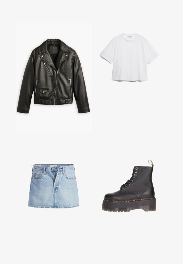 Schwarze Leder-Motorradjacke mit cropped Design, breiten Revers, mehreren Reißverschlusstaschen und einem subtilen Glanz. Mit einem Gürtel in der Taille.; Weißes Baumwoll-T-Shirt mit kurzen Ärmeln, rundem Ausschnitt, lockerer Passform und ohne sichtbare Muster oder Grafiken. Glatte Textur und einfaches Design.; Hellblauer Jeansrock mit tailliertem Bund, fünf Taschen, vorderem Knopfverschluss und leichter Ausbleichung im gesamten Stoff.; Schwarze Leder-Stiefelette mit sechs Ösen-Schnürung, gelben Nähten und einer transparenten Plattformsohle mit gezacktem Rand.