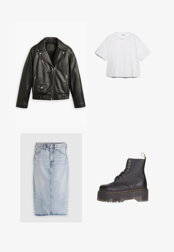 Juoda odinė motociklo striukė su trumpu dizainu, plačiomis apykaklėmis, keliais užtrauktukais, o taip pat subtiliu blizgesiu. Su diržu juosmenyje.; Balta medvilninė marškinėliai su trumpomis rankovėmis, apvaliu iškirpimu, laisvu siluetu ir be matomų raštų ar grafikų. Lygus paviršius ir paprastas dizainas.; Šviesiai mėlyna džinsinė midi sijonas su tiesiu kirpimu, priekinėmis kišenėmis ir nutrintais kraštais. Yra diržo kilpos ir centrinė priekinių siūlių detalė.; Juodas odinis kulkšninis batas su šešių akių raišteliais, geltonomis siūlėmis ir skaidriu platformos padu su dantyta krašte.