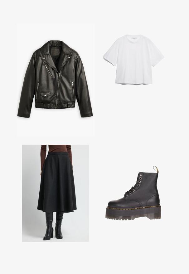 Svart lädermotorcykeljacka med en kortad design, breda slag, flera dragkedjefickor och en subtil lyster. Har ett bälte i midjan.; Vit bomullströja med korta ärmar, rund halsringning, avslappnad passform och inga synliga mönster eller grafiska element. Slät textur och enkel design.; Svart A-formad kjol gjord av texturerat tyg, med hög midja och veck, tillsammans med knähöga svarta läderstövlar.; Svart läderankelhandske med snörning med sex öglor, gula stygn och en genomskinlig plattformssula med sågtandad kant.