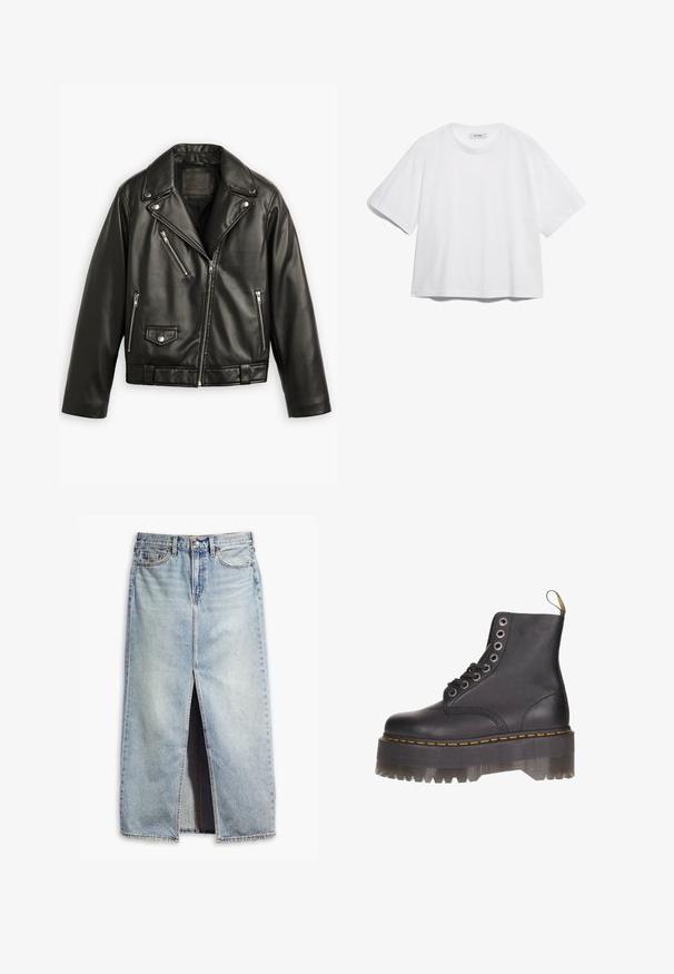 Melnas ādas motocikla jaka ar īsu dizainu, plašiem atlokiem, vairākiem rāvējslēdzēju kabatām un maigu spīdumu. Iekļauta josta viduklī.; Baltas kokvilnas T-krekls ar īsām piedurknēm, apaļu kakla izgriezumu, brīvu piegriezumu un bez redzamām rakstu vai grafikas. Gluda tekstūra un vienkāršs dizains.; Gaiši zila denima svārku ar priekšējo šķēlumu, piecu kabatu dizainu un pogu aizdari. Iezīmējas ar izbalējušu audumu un neapdarinātām malām.; Melna ādas potīšu zābaku ar sešām acīm, dzelteniem diegiem un caurspīdīgu platformas zoli ar zobainu malu.