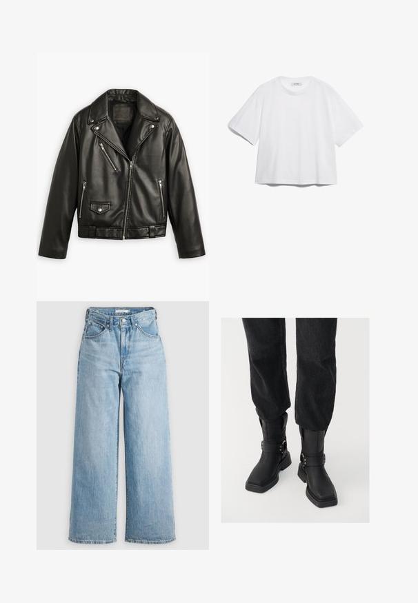 Melnas ādas motocikla jaka ar īsu dizainu, plašiem atlokiem, vairākiem rāvējslēdzēju kabatām un maigu spīdumu. Iekļauta josta viduklī.; Baltas kokvilnas T-krekls ar īsām piedurknēm, apaļu kakla izgriezumu, brīvu piegriezumu un bez redzamām rakstu vai grafikas. Gluda tekstūra un vienkāršs dizains.; Gaiši zili platās kājas džinsi ar augstu vidukli, izgatavoti no denima auduma. Iespēj klasisku piecu kabatu dizainu un metāla aksesuāriem.; Melnas ādas potīšu zābaki ar kvadrātveida purngalu, ar plašu jostu un metāla sprādzi. Zābakiem ir masīva zole un gluda virsma.