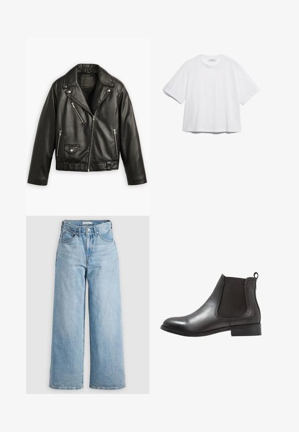 Black leather motorcycle jacket with a cropped design, wide lapels, multiple zip pockets, and a subtle sheen. Features a belt at the waist.; White cotton t-shirt with short sleeves, round neckline, relaxed fit, and no visible patterns or graphics. Smooth texture and simple design.; Light blue wide-leg jeans with a high waist, made of denim fabric. Features a classic five-pocket design and metal hardware.; KIOMI Ankle boots - black