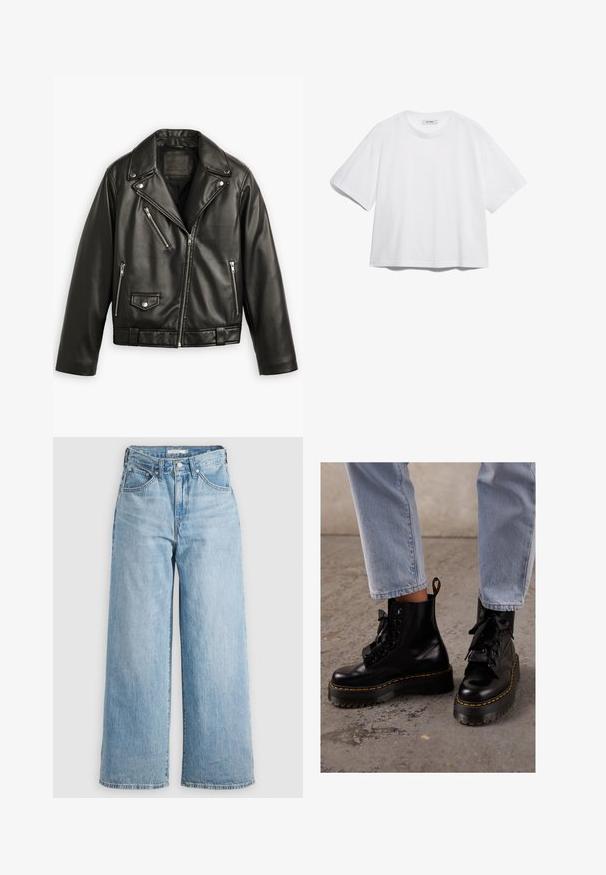Svart skinn motorsykkeljakke med cropped design, brede lapeller, flere glidelåslommer og en subtil glans. Har belte i midjen.; Hvit bomull t-skjorte med korte ermer, rund hals, avslappet passform og uten synlige mønstre eller grafikk. Glatt tekstur og enkelt design.; Lys blå vide bukser med høj talje lavet af denim stof. Har et klassisk fem-lomme design og metalhardware.; Sorte skinnankelstøvler med tykk såle, rund tå, båndsnøring, gul søm og en løpebånd bak.