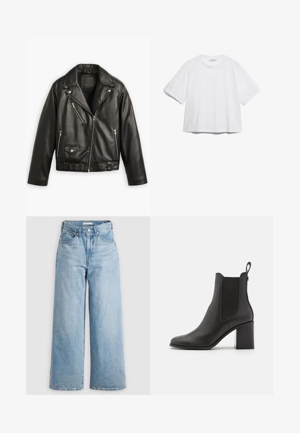 Veste de moto en cuir noir avec un design court, des revers larges, plusieurs poches zippées et un léger brillant. Elle possède une ceinture à la taille.; T-shirt en coton blanc avec des manches courtes, un col rond, une coupe décontractée, et sans motifs ni graphiques visibles. Texture lisse et design simple.; Jeans larges bleu clair à taille haute, fabriqués en denim. Ils possèdent un design classique à cinq poches et des accessoires en métal.; Bottine noire à talon en cuir lisse, dotée de panneaux latéraux en élasthanne, d'un bout arrondi et d'un talon carré.
