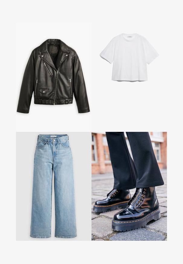 Črna usnjena motoristična jakna s skrajšanim dizajnom, širokimi reverji, več žepi na zadrgo in subtilnim sijajem. Ima pas pri pasu.; Bela bombažna majica s kratkimi rokavi, okroglega izreza, sproščenega kroja, brez vidnih vzorcev ali grafike. Gladka tekstura in preprosta zasnova.; Svijetloplave široke traper hlače s visokim strukom, izrađene od traper tkanine. Imaju klasičan dizajn s pet džepova i metalne detalje.; Črne lakirane gležnjarje z debelim gumijastim podplatom, stranskim zadrgo, zlatimi okovji in kontrastnimi rumenimi šivi.