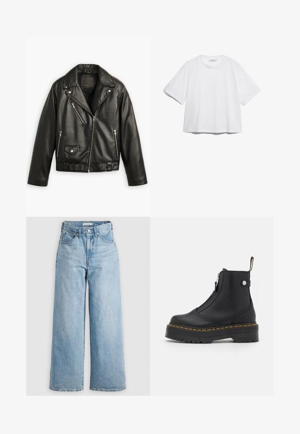 Jaqueta de moto em couro preto com um design cropped, lapelas largas, múltiplos bolsos com fecho éclair e um brilho subtil. Apresenta um cinto na cintura.; T-shirt de algodão branca com mangas curtas, gola redonda, corte descontraído e sem padrões ou gráficos visíveis. Textura suave e design simples.; Jeans de perna larga em azul claro com uma cintura alta, feitos de tecido denim. Apresentam um design clássico de cinco bolsos e ferragens de metal.; Bota de tornozelo preta, feita de couro liso, com fecho lateral, costura amarela e sola de borracha espessa e estriada.