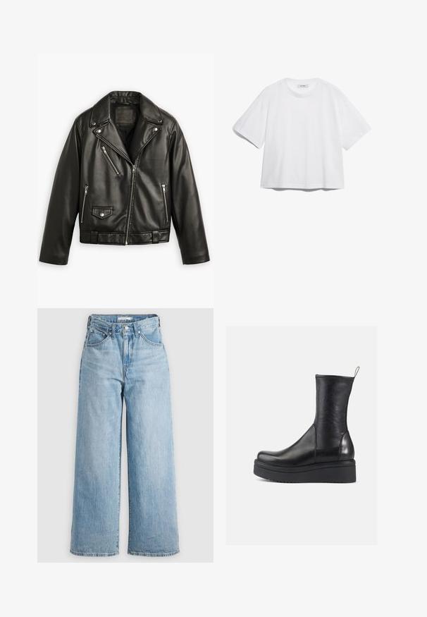 Fekete bőr motoros dzseki rövidített fazonnal, széles hajtókákkal, több cipzáras zsebbel és finom fényességgel. Derékon övvel rendelkezik.; Fehér pamut póló rövid ujjal, kerek nyakkivágással, laza fazonnal, és nincsenek rajta látható minták vagy grafikák. Sima textúra és egyszerű dizájn.; Világoskék, magas derekú, bőszárú farmernadrág, denim anyagból készült. Klasszikus öt zsebes kialakítással és fém kiegészítőkkel rendelkezik.; Fekete bőr bokacsizma lekerekített orral, rugalmas szárral és vastag, texturált fekete platformtalppal. Hátsó húzófüllel rendelkezik.