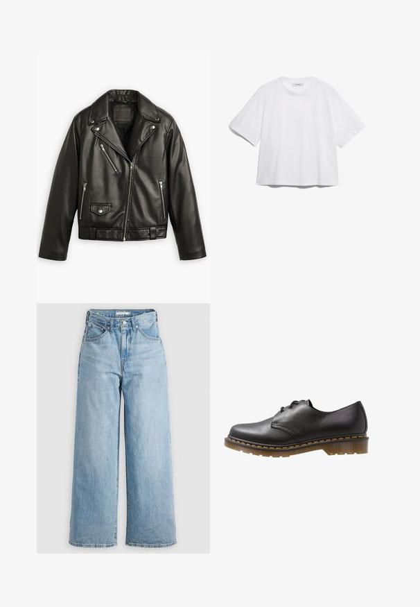 Schwarze Leder-Motorradjacke mit cropped Design, breiten Revers, mehreren Reißverschlusstaschen und einem subtilen Glanz. Mit einem Gürtel in der Taille.; Weißes Baumwoll-T-Shirt mit kurzen Ärmeln, rundem Ausschnitt, lockerer Passform und ohne sichtbare Muster oder Grafiken. Glatte Textur und einfaches Design.; Hellblaue weit geschnittene Jeans mit hoher Taille, aus Denimstoff. Besitzt ein klassisches Fünf-Taschen-Design und Metallbeschläge.; Schwarze Leder-Schnürschuhe mit runder Zehenpartie und dickem, durchscheinendem Sohlenbereich. Mit gelben Nähten entlang der Sohlenkante. Glatte Textur.