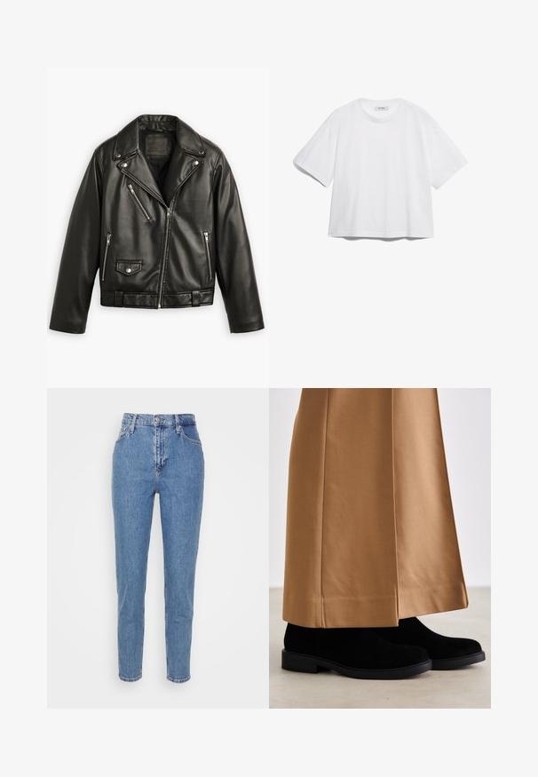 Mustmust mustrattaga mustkott, millel on lühendatud disain, laiad kraed, mitmed tõmblukuga taskud ja õrn läige. Varustatud vööga vöökohal.; Valge puuvillane T-särk lühikeste varrukatega, ümar kaelus, vaba lõige ning ilma nähtavate mustrite või graafikateta. Sile tekstuur ja lihtne disain.; Sinised kõrge talje ja sirged teksad, millel on ees nupp ja lukk, vööklambrid ja taskud, esitatud valgel neutraalsel taustal.; Mustad suède ankle boots, millel disainiga ja madala, tekstuuriga kannaga, koos tan värvi, veidi kitseneva püksijala juurde.