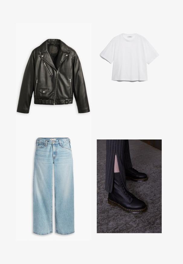 Μαύρο δερμάτινο μπουφάν μοτοσικλέτας με cropped σχέδιο, φαρδιές πέτες, πολλές φερμουάρ τσέπες και υποτονική γυαλάδα. Διαθέτει ζώνη στη μέση.; Λευκό βαμβακερό t-shirt με κοντά μανίκια, στρογγυλή λαιμόκοψη, χαλαρή εφαρμογή και χωρίς ορατά σχέδια ή γραφικά. Λείο υφασμάτινο στρώμα και απλός σχεδιασμός.; Ανοιχτό μπλε τζιν παντελόνι σε φαρδιά γραμμή, φτιαγμένο από τζιν ύφασμα, με ψηλή μέση, κλείσιμο με κουμπιά και τελειώματα με ξέφτια. Ορατές ραφές και τσέπες.; Μαύρα δερμάτινα μποτάκια με κορδόνια, με υφή, κίτρινη ραφή και στιβαρή, διαφανή σόλα. Συνδυασμένα με ριγέ παντελόνια με φερμουάρ.