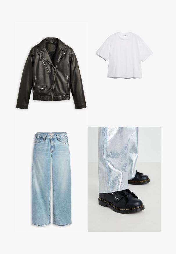 Chaqueta de motocicleta de cuero negro con un diseño recortado, solapas anchas, múltiples bolsillos con cremallera y un ligero brillo. Presenta un cinturón en la cintura.; Camiseta de algodón blanca con manga corta, escote redondo, corte relajado y sin patrones o gráficos visibles. Textura suave y diseño sencillo.; Jeans de mezclilla de pierna ancha en un azul claro, con cintura alta, cierre de botón y dobladillo deshilachado. Costuras visibles y bolsillos.; Zapatos de cuero negro con acentos de piel, costuras amarillas y cierre de hebilla, combinados con pantalones plateados brillantes con dobladillos deshilachados.