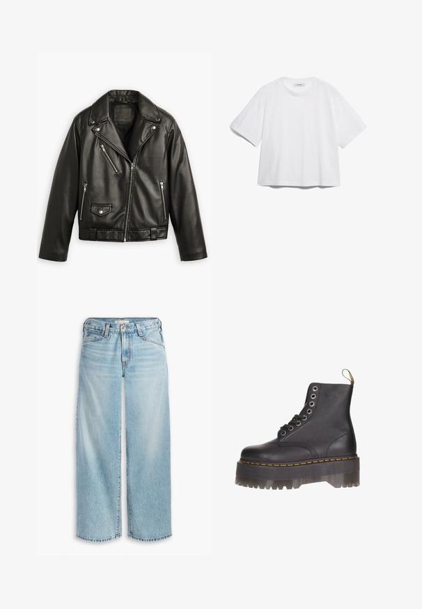 Veste de moto en cuir noir avec un design court, des revers larges, plusieurs poches zippées et un léger brillant. Elle possède une ceinture à la taille.; T-shirt en coton blanc avec des manches courtes, un col rond, une coupe décontractée, et sans motifs ni graphiques visibles. Texture lisse et design simple.; Jean large bleu clair en denim, avec une taille haute, une fermeture à boutons et un ourlet effilé. Coutures visibles et poches.; Bottine en cuir noir avec un laçage à six œillets, des coutures jaunes, et une semelle plateforme transparente avec un bord cranté.