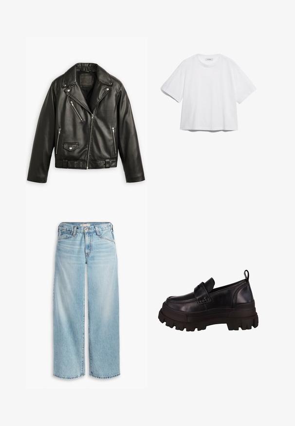 Černá kožená motocyklová bunda s krátkým střihem, širokými klopami, několika zipovými kapsami a jemným leskem. Obsahuje pásek v pase.; Bílý bavlněný tričko s krátkými rukávy, kulatým výstřihem, volným střihem a bez viditelných vzorů nebo grafik. Hladká textura a jednoduchý design.; Svetle modré široké džíny z denimu, s vysokým pasem, knoflíkovým zapínáním a roztrhaným lemem. Viditelné švy a kapsy.; Černé kožené slip-on boty s masivní gumovou podrážkou, zaoblenou špičkou a ozdobným páskem přes svršek. Texturované detaily na stranách.