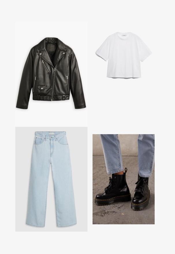 Black leather motorcycle jacket with a cropped design, wide lapels, multiple zip pockets, and a subtle sheen. Features a belt at the waist.; White cotton t-shirt with short sleeves, round neckline, relaxed fit, and no visible patterns or graphics. Smooth texture and simple design.; Light blue, wide-leg denim jeans with a high waist, featuring a button and zipper closure, double front pockets, and subtle stitching details.; Black leather ankle boots with a chunky sole, round toe, ribbon laces, yellow stitching, and a pull tab at the back.