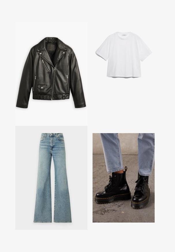 Juoda odinė motociklo striukė su trumpu dizainu, plačiomis apykaklėmis, keliais užtrauktukais, o taip pat subtiliu blizgesiu. Su diržu juosmenyje.; Balta medvilninė marškinėliai su trumpomis rankovėmis, apvaliu iškirpimu, laisvu siluetu ir be matomų raštų ar grafikų. Lygus paviršius ir paprastas dizainas.; Šviesiai mėlyni laisvi džinsai su aukštu juosmeniu, pagaminti iš džinsinio audinio. Turi klasikinį penkių kišenių dizainą ir subtilų blukimą ant audinio.; Juodos odinės kulkšninių botai su masyviu padu, apvaliu pirštu, raišteliais juostele, geltonomis siūlėmis ir kilpeliu nugarinėje pusėje.