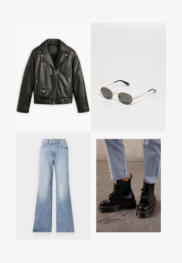 Musta nahkainen moottoripyörätakki lyhytleikkauksella, leveillä kauluksilla, useilla vetoketjullisilla taskuilla ja hienovaraisella kiillolla. Vyötäröllä on vyö.; Valkoinen puuvillapaita, jossa on lyhyet hihat, pyöreä kaula-aukko, rento istuvuus ja ei näkyviä kuvioita tai graafisia elementtejä. Sujuva pinta ja yksinkertainen muotoilu.; Vaaleansiniset farkut, joissa on leveät lahkeet ja korkea vyötärö. Farkuissa on kaksi etutaskua ja hienovarainen haalistuma reiden ja lahkeiden kohdalla.; Mustat nahkasaappaat nilkkapituisilla, paksuilla pohjilla, pyöreällä kärjellä, nauhoilla ja keltaisilla ompeleilla, sekä vetotapilla takana.; Aurinkoaurinkolasit ovaalimuotoisessa kultakehyksessä, tummilla linsseillä. Ohueen metallikehykseen on lisätty sateenkaariyksityiskohta vasemmassa tempussa. Sileä, kiiltävä pinta.