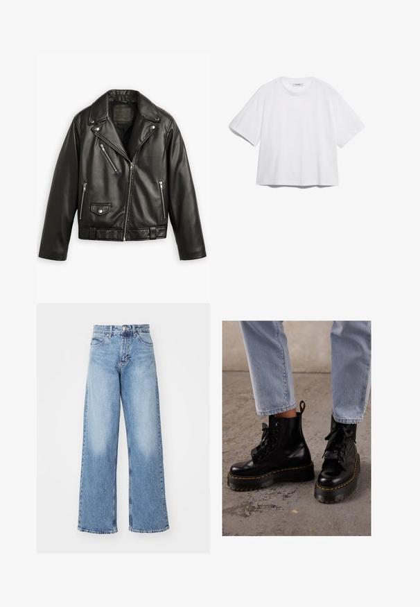 Svart skinn motorsykkeljakke med cropped design, brede lapeller, flere glidelåslommer og en subtil glans. Har belte i midjen.; Hvit bomull t-skjorte med korte ermer, rund hals, avslappet passform og uten synlige mønstre eller grafikk. Glatt tekstur og enkelt design.; Lyseblå denim vid bukse med høy midje, med fem lommer og knappelukking. Slitt tekstur og opprevet kant.; Sorte skinnankelstøvler med tykk såle, rund tå, båndsnøring, gul søm og en løpebånd bak.