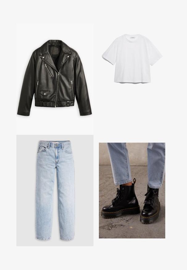 Chaqueta de motocicleta de cuero negro con un diseño recortado, solapas anchas, múltiples bolsillos con cremallera y un ligero brillo. Presenta un cinturón en la cintura.; Camiseta de algodón blanca con manga corta, escote redondo, corte relajado y sin patrones o gráficos visibles. Textura suave y diseño sencillo.; Jeans de mezclilla azul claro con cintura alta, corte relajado, piernas rectas y un diseño clásico de cinco bolsillos. Desgastado visible y detalles de costuras.; Botas de cuero negro hasta el tobillo con suela gruesa, puntera redonda, cintas de raso, costuras amarillas y una tira en la parte trasera.