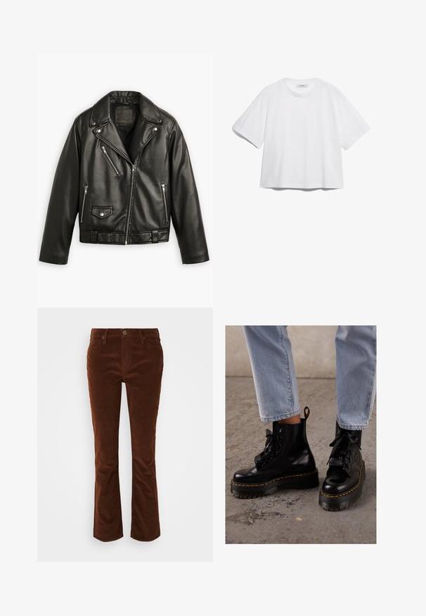 Zwarte leren motorjack met een cropped ontwerp, brede revers, meerdere ritszakken en een subtiele glans. Voorzien van een riem op de taille.; Witte katoenen T-shirt met korte mouwen, ronde halslijn, losse pasvorm en geen zichtbare patronen of afbeeldingen. Effen textuur en eenvoudig ontwerp.; Bruine fluwelen flared broek met een gladde textuur, voorzien van een rits en knoopsluiting, en een standaard vijf-pocket ontwerp.; Zwarte leren enkellaarsjes met een chunky zool, ronde neus, lintveters, gele stiksels en een treklipje aan de achterkant.