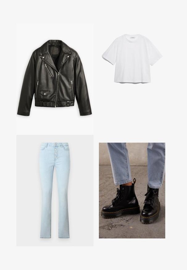 Čierna kožená motocyklová bunda s krátkym strihom, širokými klopami, viacerými zipsovými vreckami a jemným leskom. Obsahuje opasok v oblasti pása.; Biela bavlnená tričko s krátkymi rukávmi, okrúhlym výstrihom, vo voľnom strihu, bez viditeľných vzorov alebo grafiky. Hladká textúra a jednoduchý dizajn.; Svetlomodré džínsy vyrobené z denimu, s vysokým pásom a piatimi kovovými gombíkmi vpredu, s rozšíreným strihom nohavíc.; Čierne kožené členkové topánky s robustnou podrážkou, okrúhlou špičkou, stužkovými šnúrkami, žltým prešívaním a poutkom vzadu.