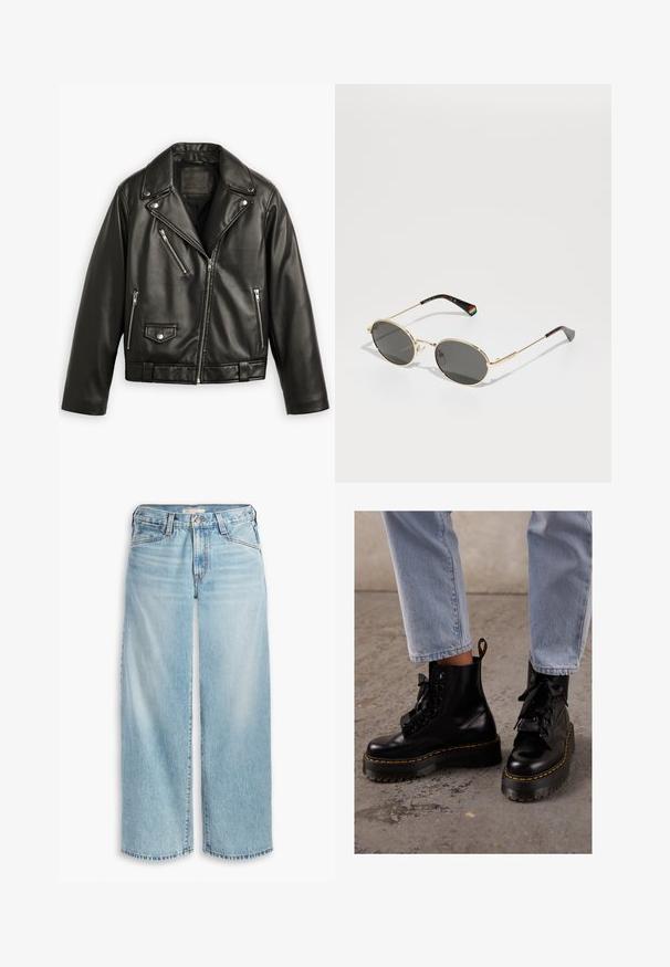 Musta nahkainen moottoripyörätakki lyhytleikkauksella, leveillä kauluksilla, useilla vetoketjullisilla taskuilla ja hienovaraisella kiillolla. Vyötäröllä on vyö.; Valkoinen puuvillapaita, jossa on lyhyet hihat, pyöreä kaula-aukko, rento istuvuus ja ei näkyviä kuvioita tai graafisia elementtejä. Sujuva pinta ja yksinkertainen muotoilu.; Vaaleansiniset liehuhousut, jotka on valmistettu denimistä. Housuissa on korkea vyötärö, nappisulku ja hienosti kulutettu helma. Näkyvä ompelu ja taskut.; Mustat nahkasaappaat nilkkapituisilla, paksuilla pohjilla, pyöreällä kärjellä, nauhoilla ja keltaisilla ompeleilla, sekä vetotapilla takana.; Aurinkoaurinkolasit ovaalimuotoisessa kultakehyksessä, tummilla linsseillä. Ohueen metallikehykseen on lisätty sateenkaariyksityiskohta vasemmassa tempussa. Sileä, kiiltävä pinta.