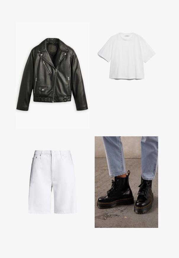 Musta nahkainen moottoripyörätakki lyhytleikkauksella, leveillä kauluksilla, useilla vetoketjullisilla taskuilla ja hienovaraisella kiillolla. Vyötäröllä on vyö.; Valkoinen puuvillapaita, jossa on lyhyet hihat, pyöreä kaula-aukko, rento istuvuus ja ei näkyviä kuvioita tai graafisia elementtejä. Sujuva pinta ja yksinkertainen muotoilu.; Calvin Klein Jeans 90S STRAIGHT - Farkkushortsit - denim light; Mustat nahkasaappaat nilkkapituisilla, paksuilla pohjilla, pyöreällä kärjellä, nauhoilla ja keltaisilla ompeleilla, sekä vetotapilla takana.